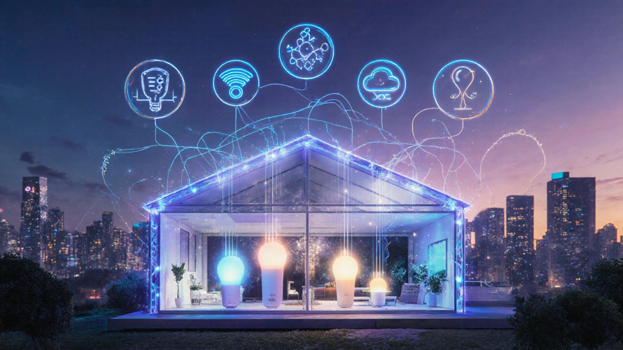 Konzeptuelle Darstellung eines vernetzten Smart-Home-Systems mit lichtbasierten Circadian-Rhythmen und Wetter-Responsive-Beleuchtung.