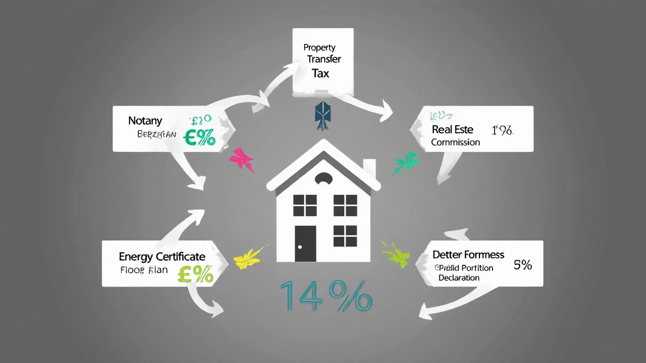 Minimales Diagramm mit Haus und sechs Kostenfaktoren als Pfeile, Prozentangaben deutlich sichtbar.