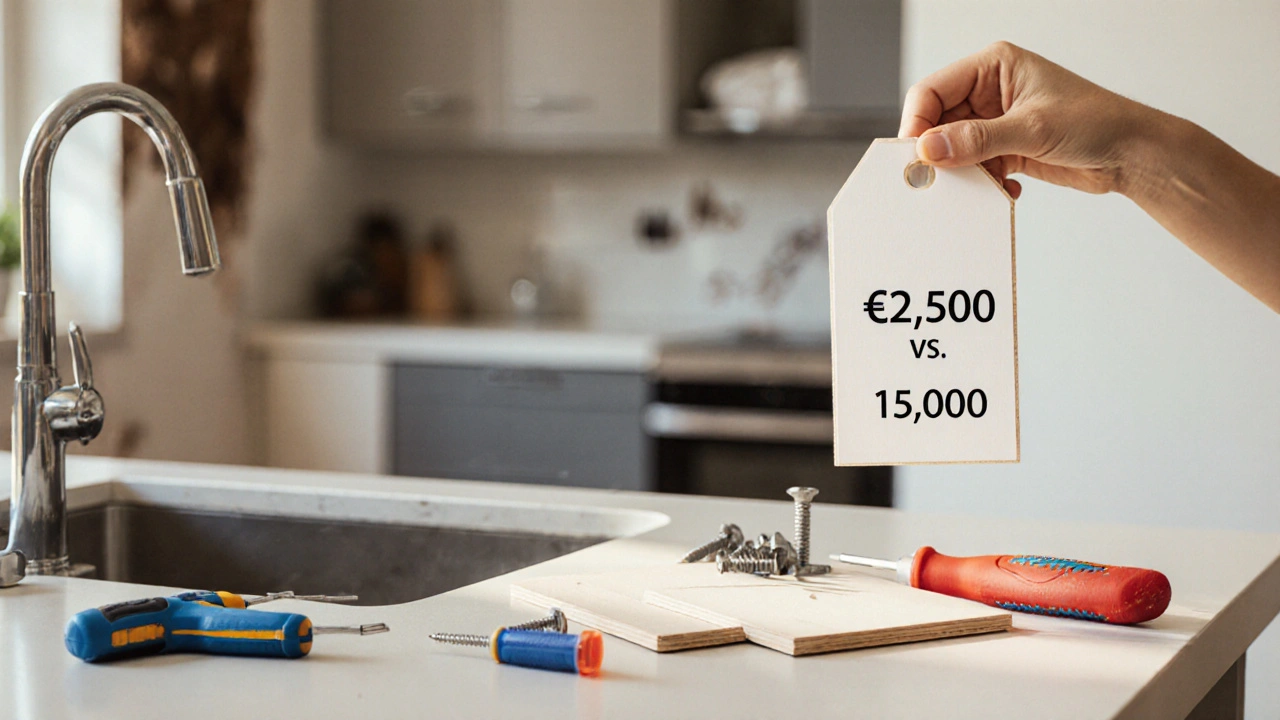 Moderne Küchentüren neben alten, veralteten Fronten, mit Preisvergleich und Werkzeugen auf der Theke.