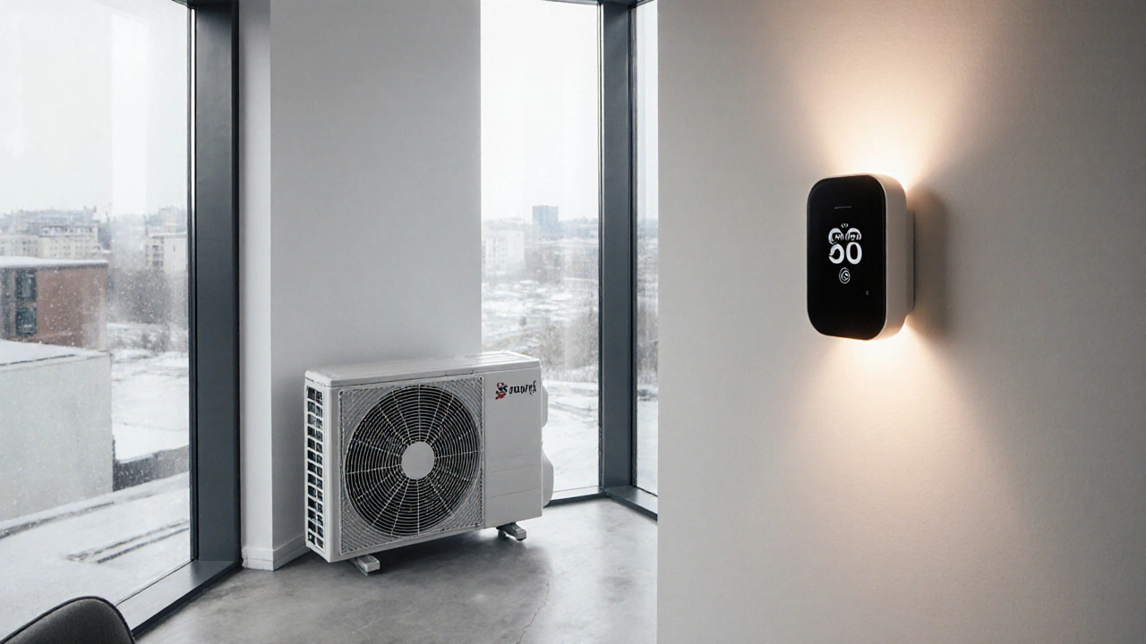 Modernisiertes Wohnzimmer mit Wärmepumpe, Isolierung und energieeffizienten Fenstern in hellem Licht.