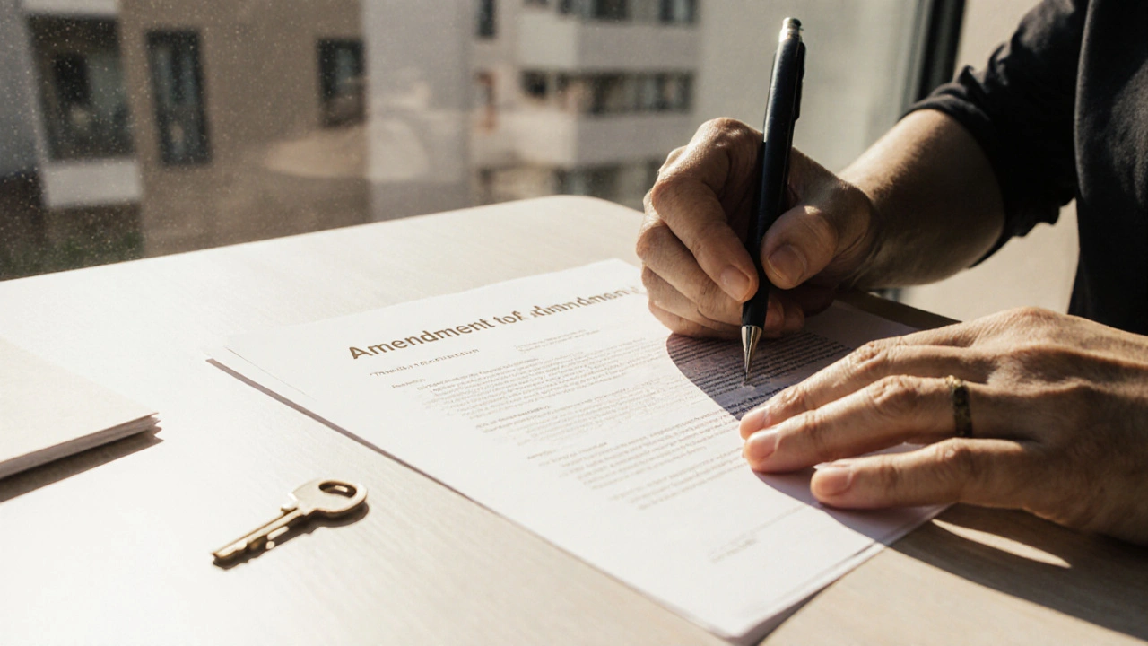 Notar unterschreibt eine Änderung der Teilungserklärung, ein Schlüssel liegt neben den Papieren.