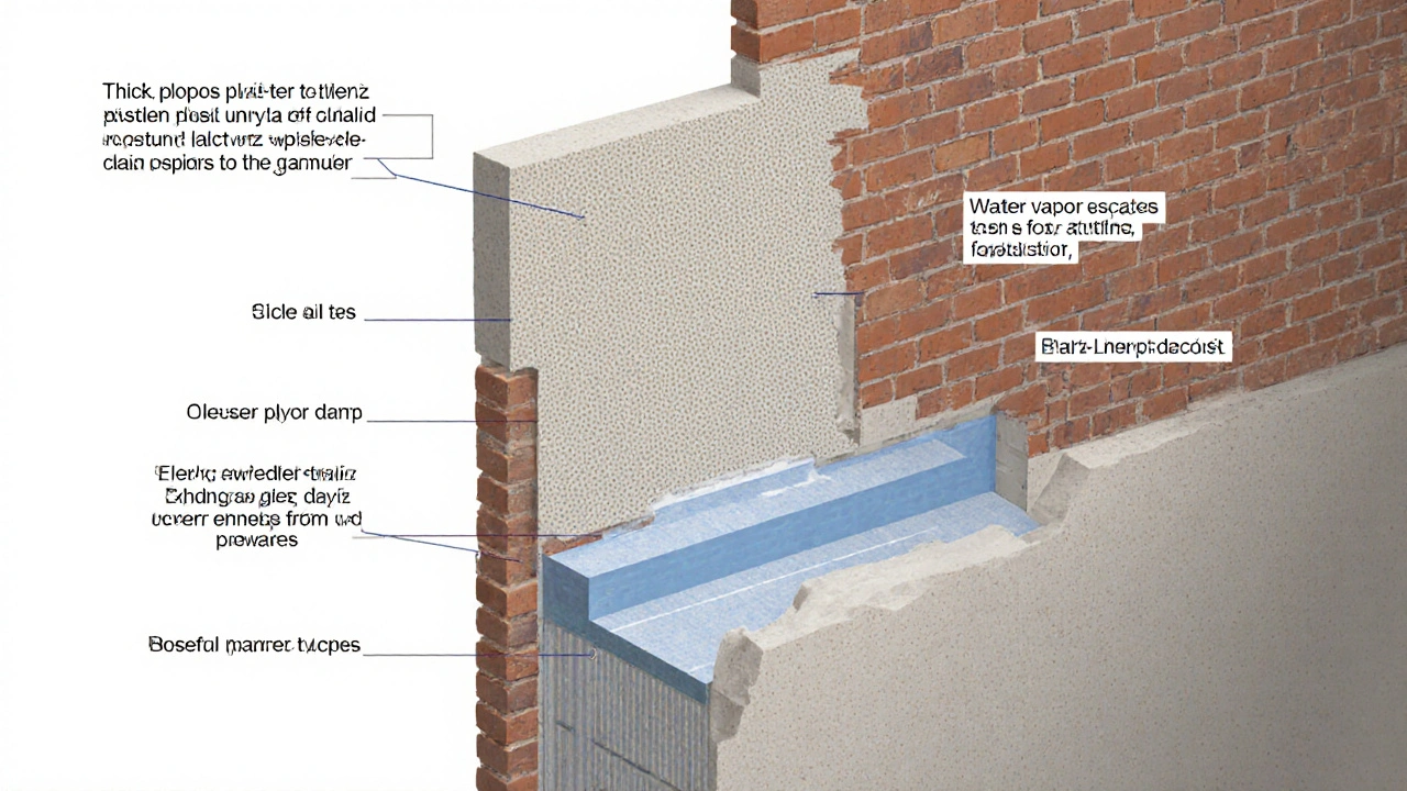 Querschnitt einer Wand mit Sanierputz, der Feuchtigkeit und Salze nach oben zieht.