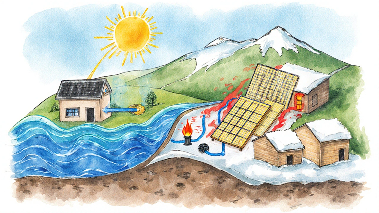 Seasonal energy flow visualized as a watercolor landscape with heat pump, solar panels, and gas flame working together across spring, summer, and winter.