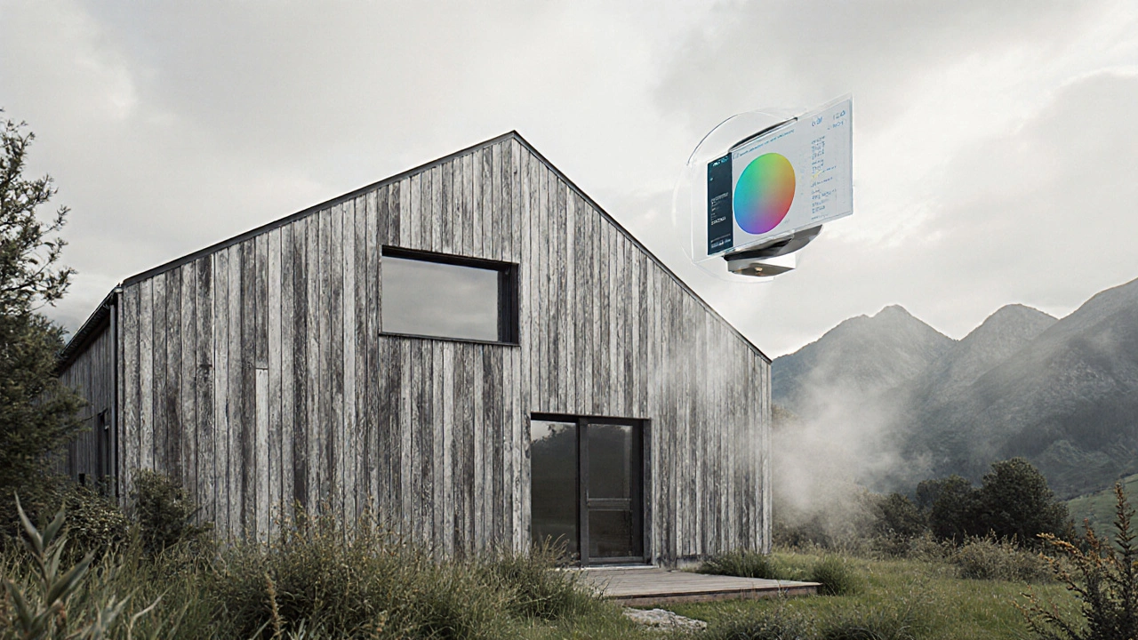 Silbergrau verwitterte Holzfassade mit nanotechnologischer Pflegesprühnebel, digitale Farbanalyse im Hintergrund.