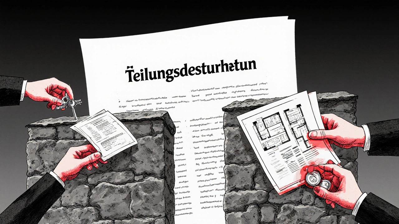 Symbolische Darstellung einer rechtlichen Trennwand zwischen Wohnungseigentümern mit ausgestreckten Händen.