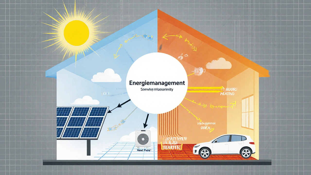 Technische Skizze mit Verbindungen zwischen Solaranlage, Speicher, Wärmepumpe und Elektroauto.