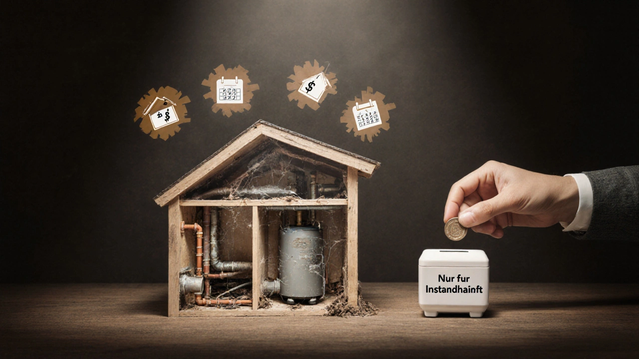 Transparenz-Haus mit versteckten Reparaturkosten und Sparbox für Instandhaltungsrücklage.