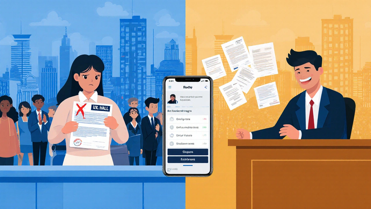 Vergleich: abgelehnte Dokumente beim Rathaus vs. erfolgreiche Beglaubigung beim Notar.