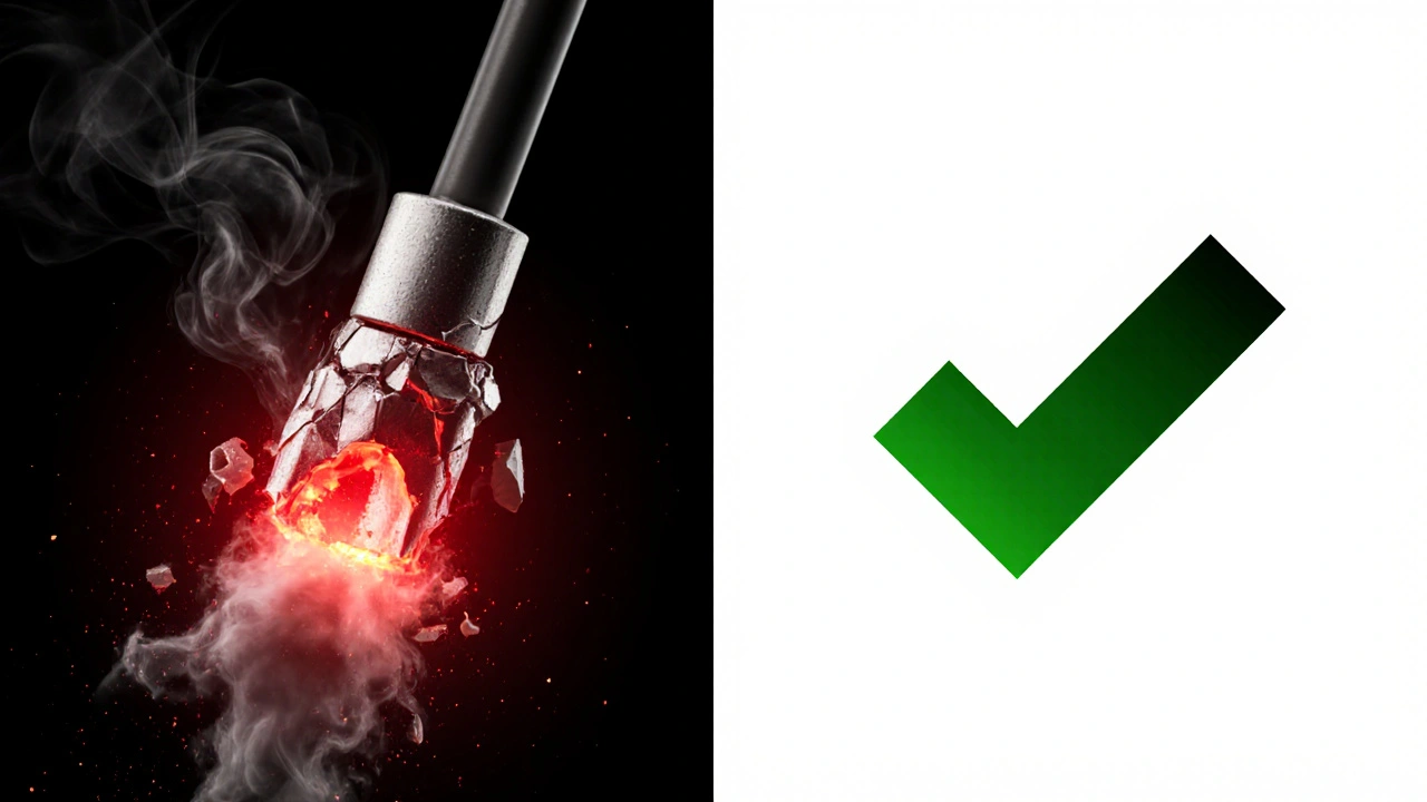 Vergleich eines fehlerhaften und eines sicheren Crimpanschlusses mit Warn- und Sicherheitssymbolen.