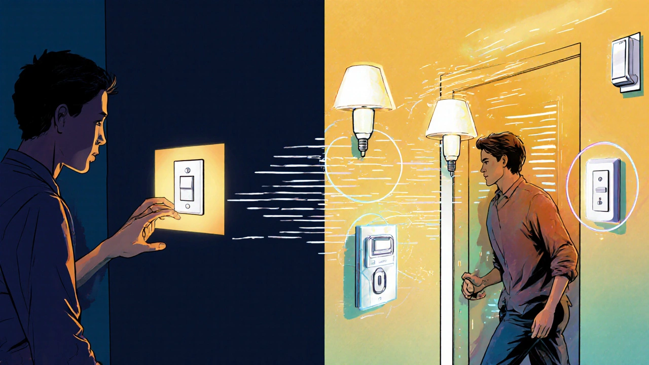Vergleich in Comic-Stil: Eine Person sucht im Dunkeln nach dem Lichtschalter vs. automatisch aktiviertes Smart-Licht im Haus.