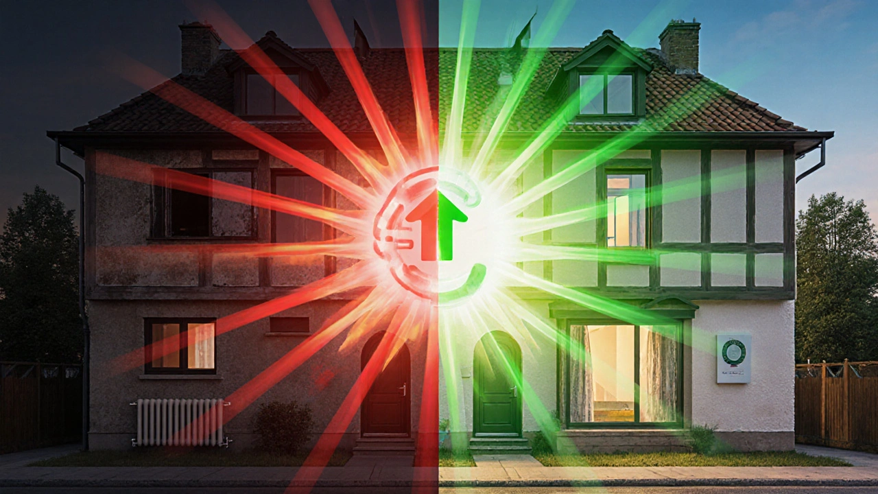 Vergleich von energieverschwenderischem und energieeffizientem Wohngebäude, rot vs. grün.