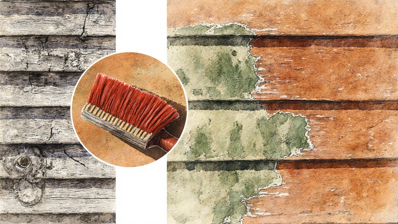 Vergleich von verwittertem Holz und neu behandelter Fassade mit Farbauftrag, detailreiche Bürstenstriche und Holzfasern.