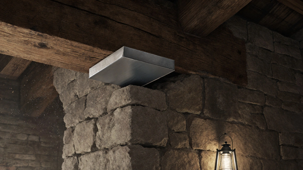 Versteckter Stahlschuh stabilisiert einen historischen Holzbalken hinter der Wandfläche.