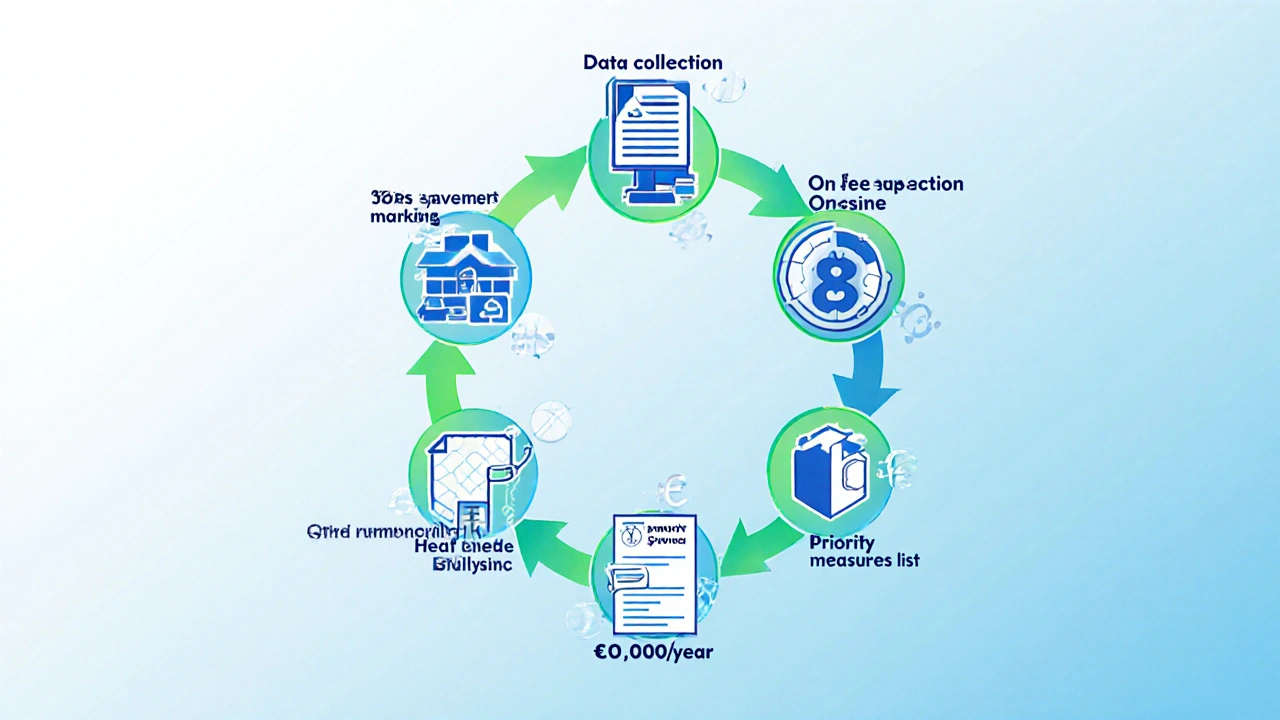 Visueller Zyklus der sechs Schritte eines Energieaudits mit Symbolen und Einsparwerten.