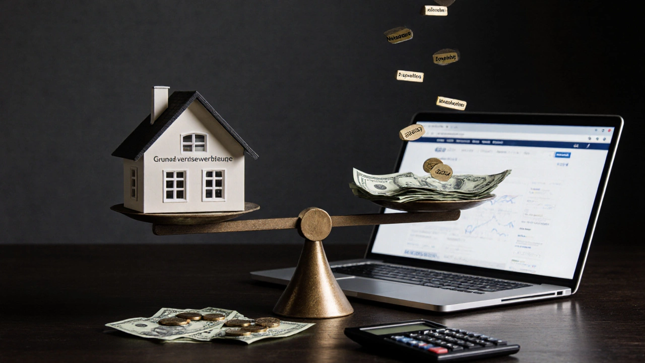 Waage mit Haus und Geldstapel, Geldscheine mit Kostenbezeichnungen fallen ab, dunkler Tisch mit Laptop.