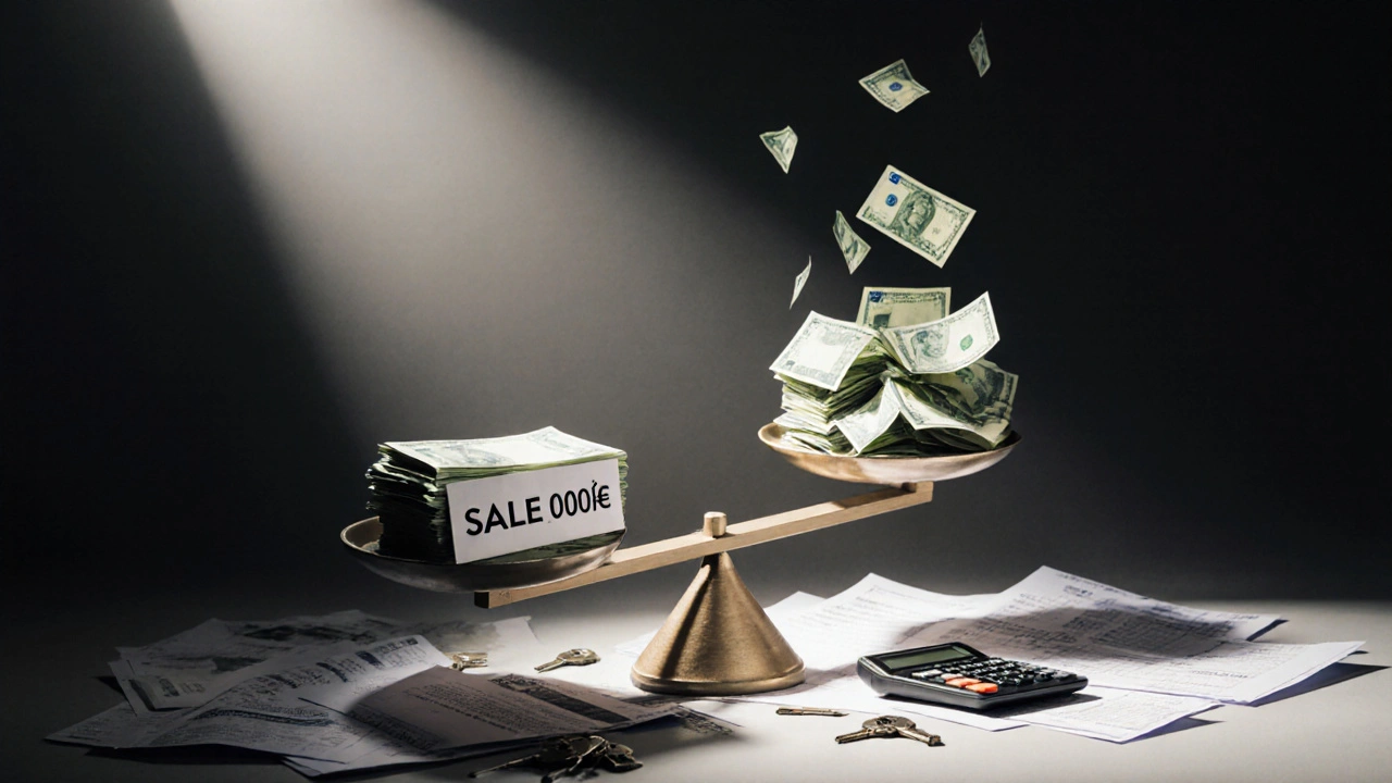 Waage mit Verkaufserlös und versteckten Kosten im Gleichgewicht