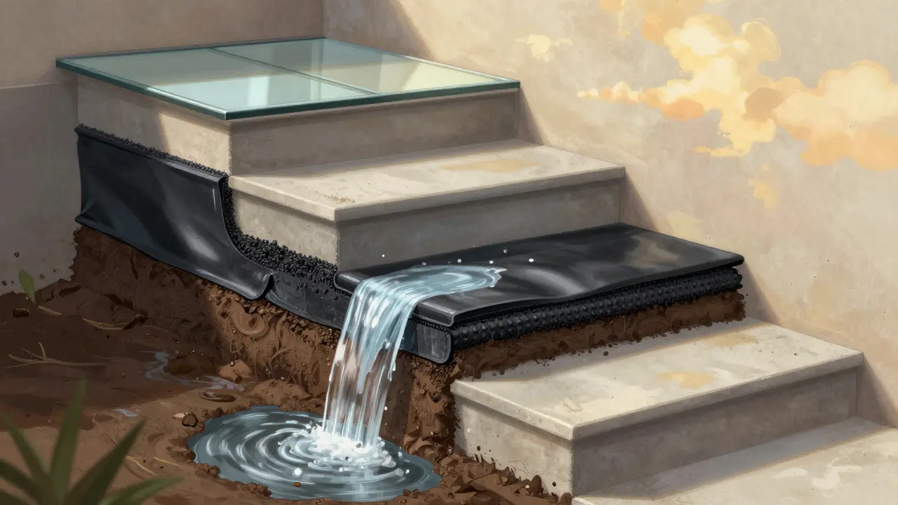 Außentreppe mit durchgeführter zweilagiger Abdichtung und Schutzmembran.