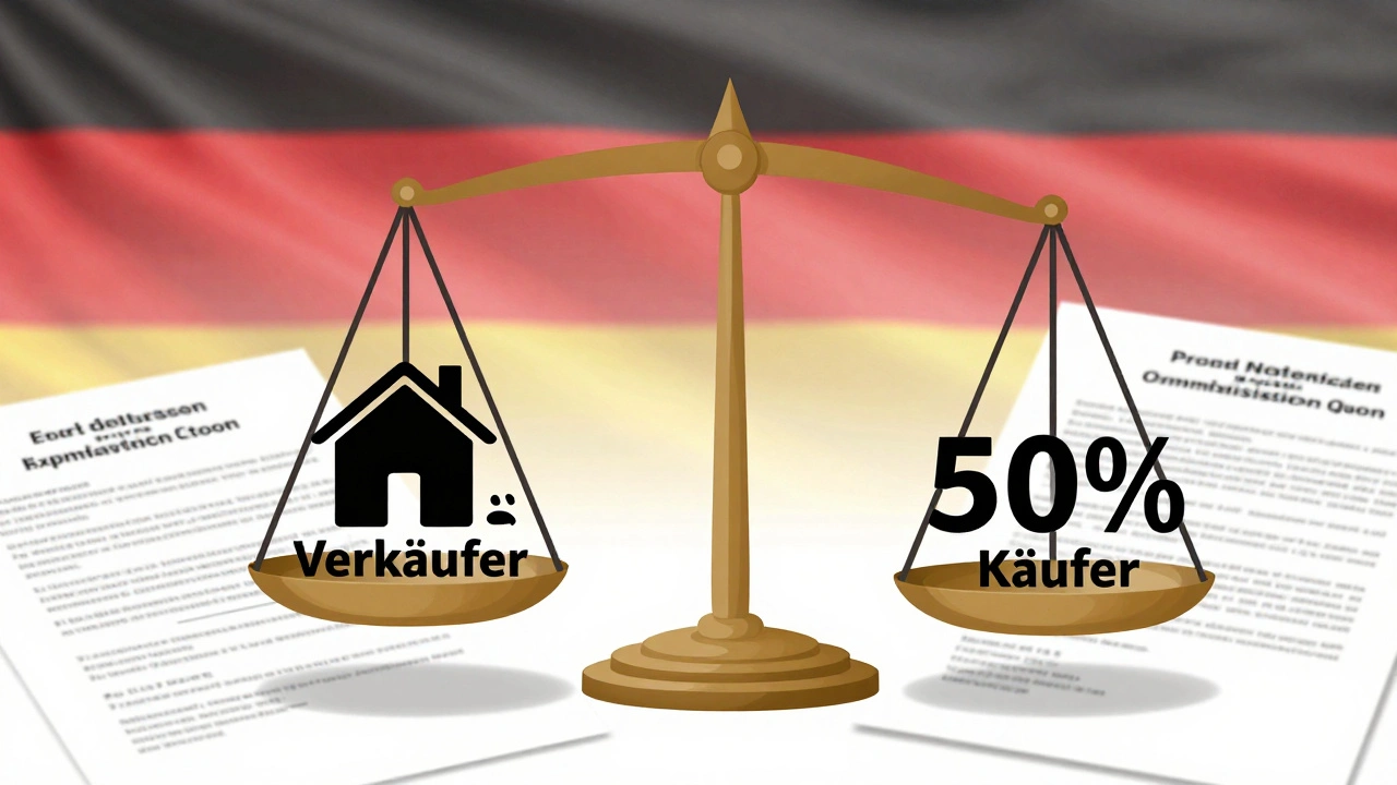 Balanced scale showing equal cost sharing between buyer and seller for property commission in Germany.