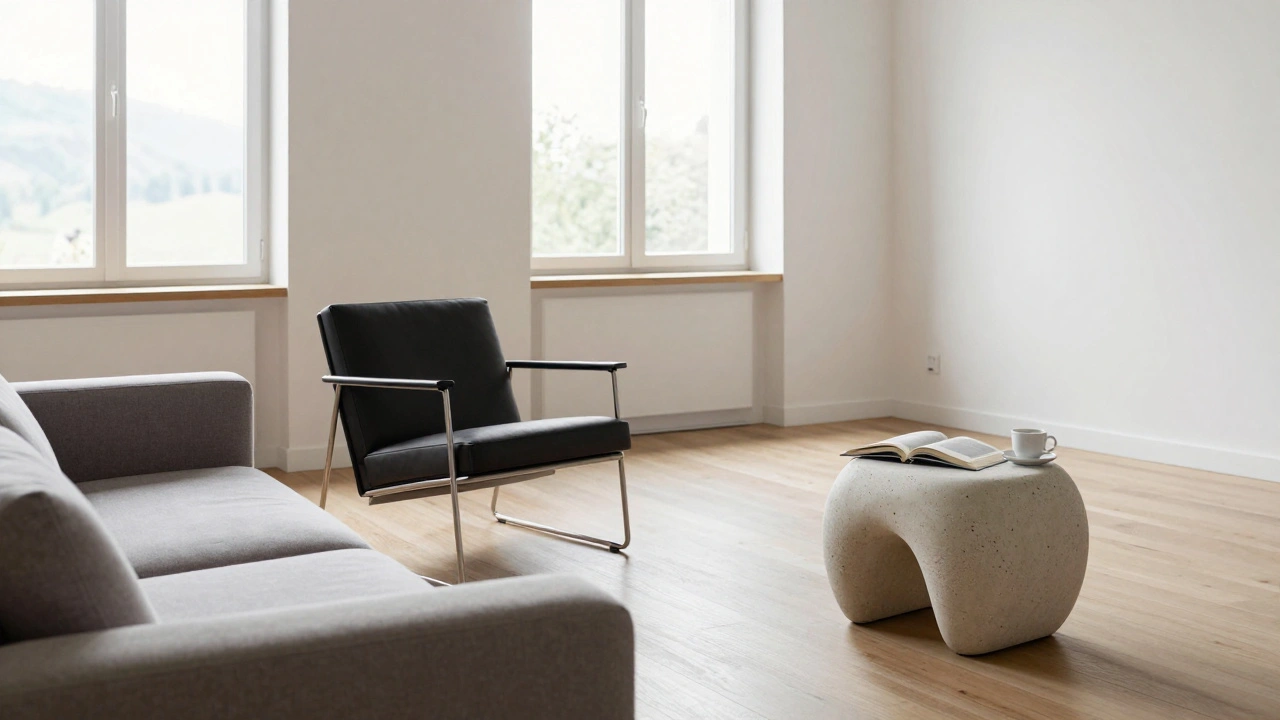 Diagonal platziertes Wohnzimmer mit akustischem Hocker, natürlichem Licht und freiem Laufweg.