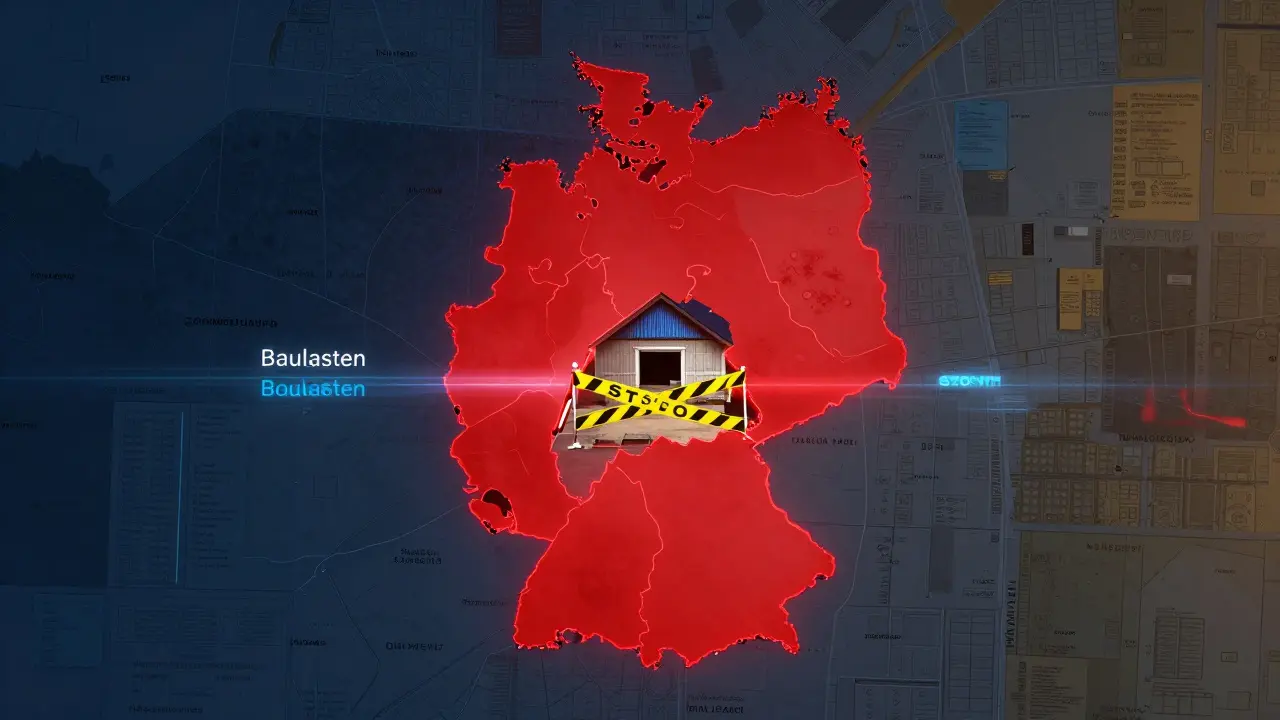 Digitale Deutschlandkarte mit rot markierten Risikogebieten für Baulasten.