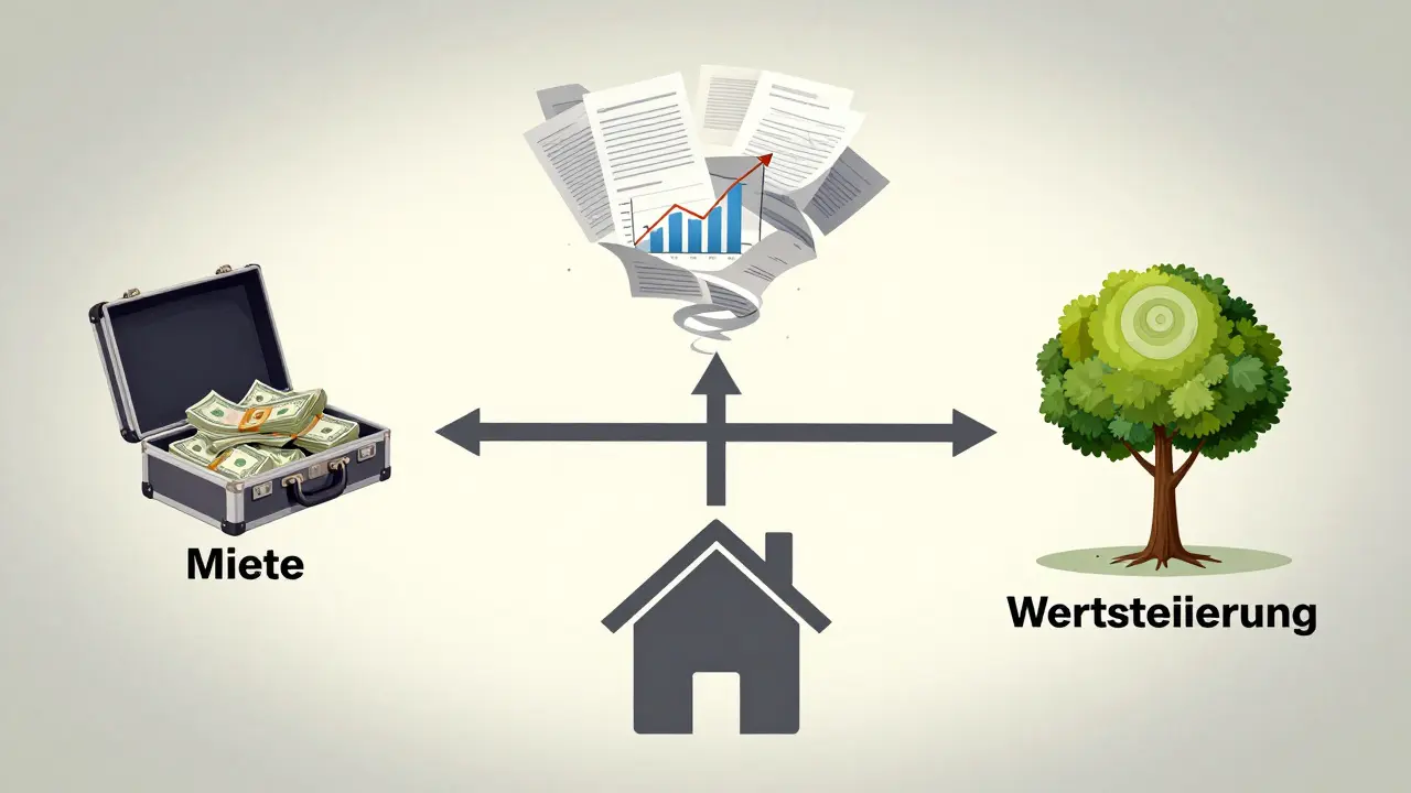 Drei Wege aus einem Haus: Verkauf, Refinanzierung und Halten als symbolische Pfade.