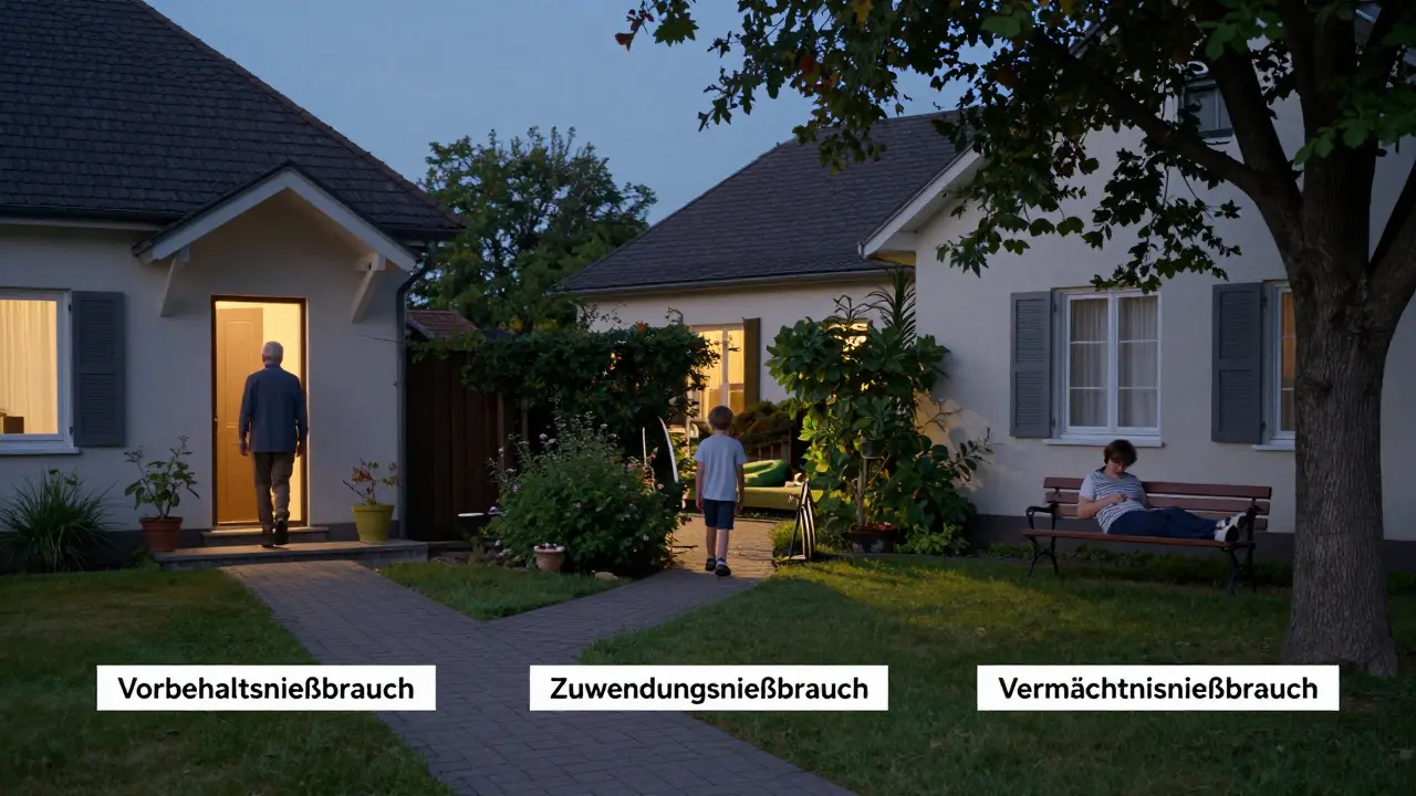 Drei Wege führen von einem Haus weg – jeweils für verschiedene Nießbrauchsformen: Vorbehalt, Zuwendung und Vermächtnis.