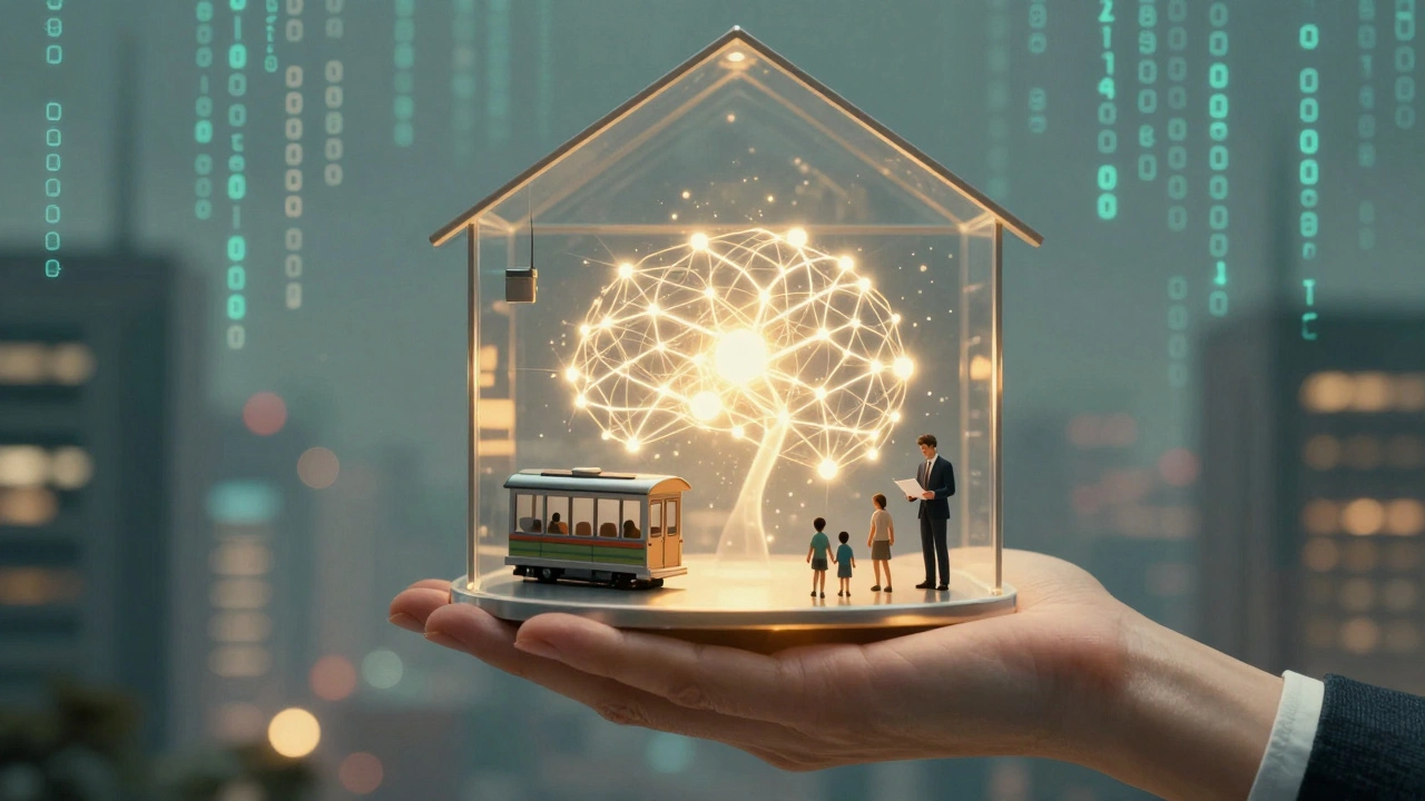 Durchsichtige Haus-Skulptur mit eingebettetem KI-Netzwerk, das Wohnen, Infrastruktur und Investition verbindet.