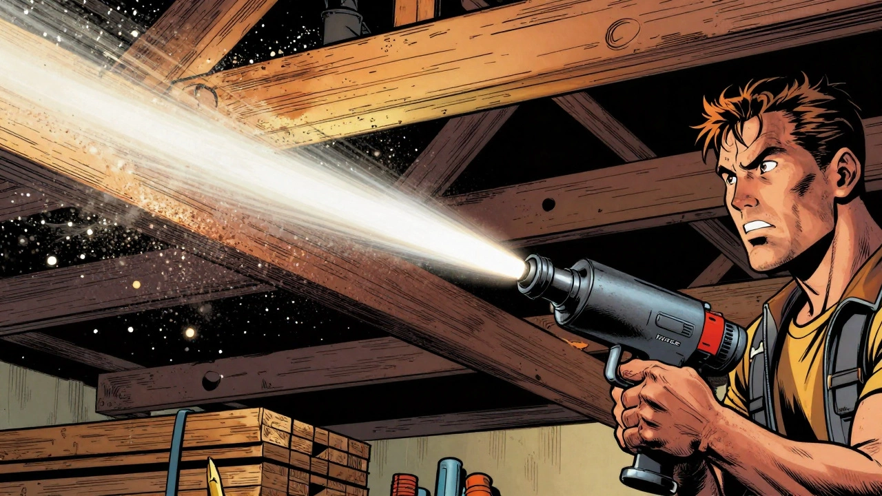 Ein Arbeiter reinigt mit einer Ausblaspistole Späne von einer Dachkonstruktion, Luftstrahl und fliegende Partikel sind sichtbar.