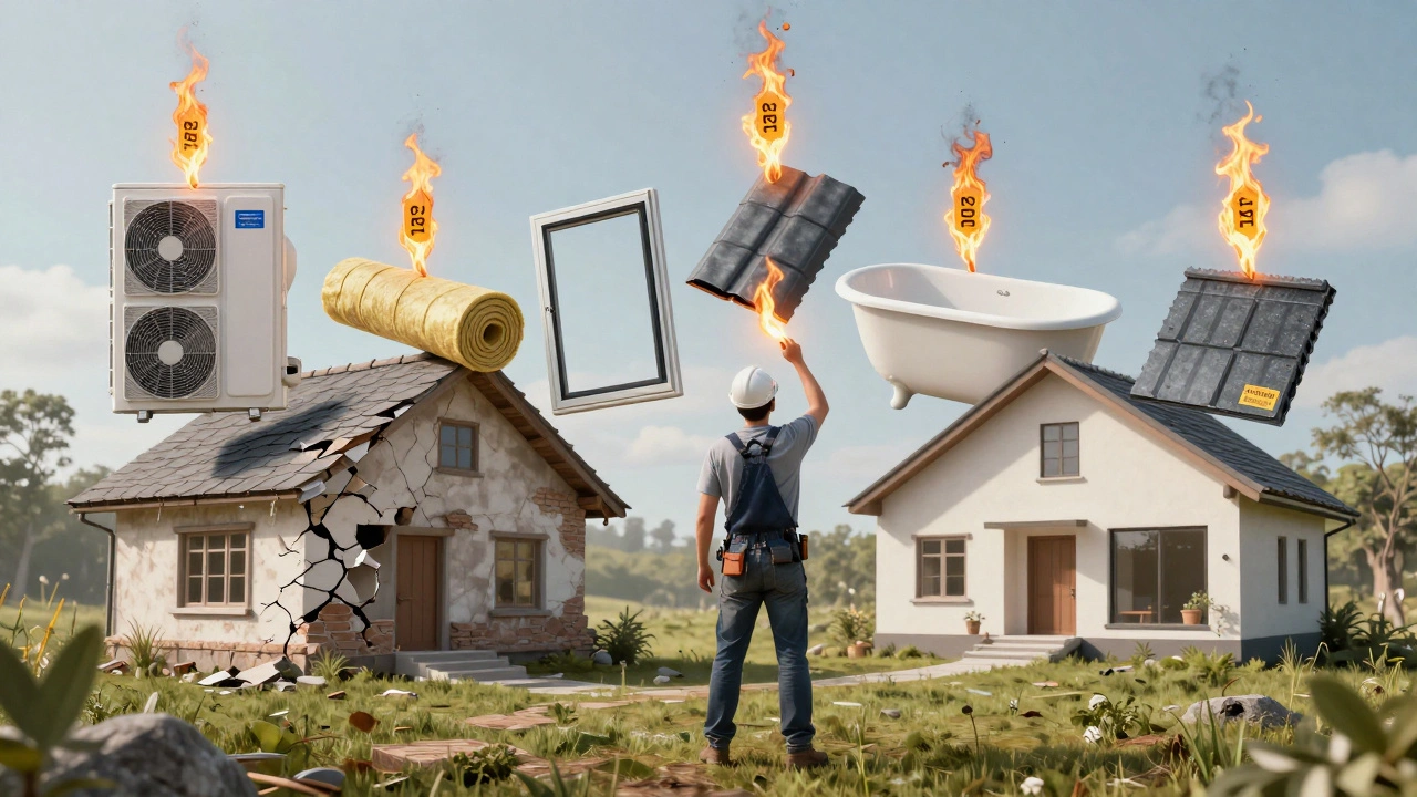 Ein Hausbesitzer vor schwebenden Sanierungskosten, die als Flammen leuchten, während das alte Haus verschwindet.