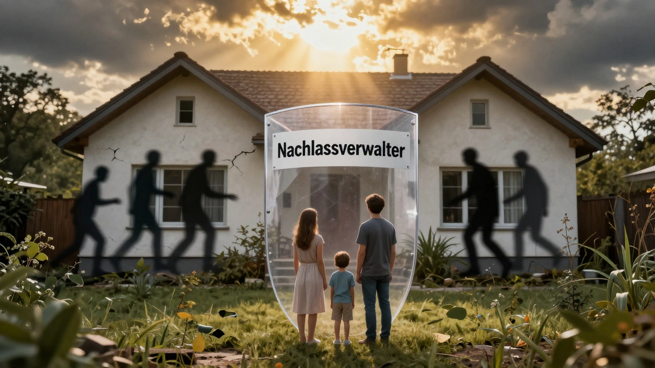 Eine Familie wird von einem transparenten Schild vor Gläubigern und Rechtsstreitigkeiten geschützt.