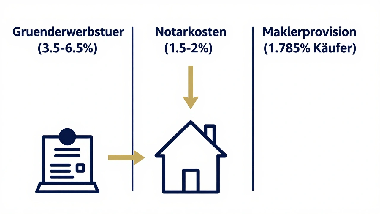 Eine visuelle Aufschlüsselung der Hauptkosten beim Immobilienkauf: Grunderwerbsteuer, Notarkosten und Maklerprovision.