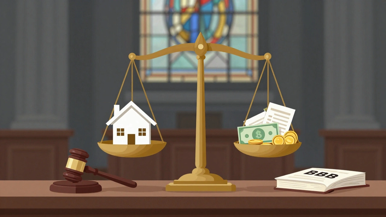 Eine Waage zeigt das Gleichgewicht zwischen Immobilienwert und Nachlasskosten vor einem Gerichtsraum.