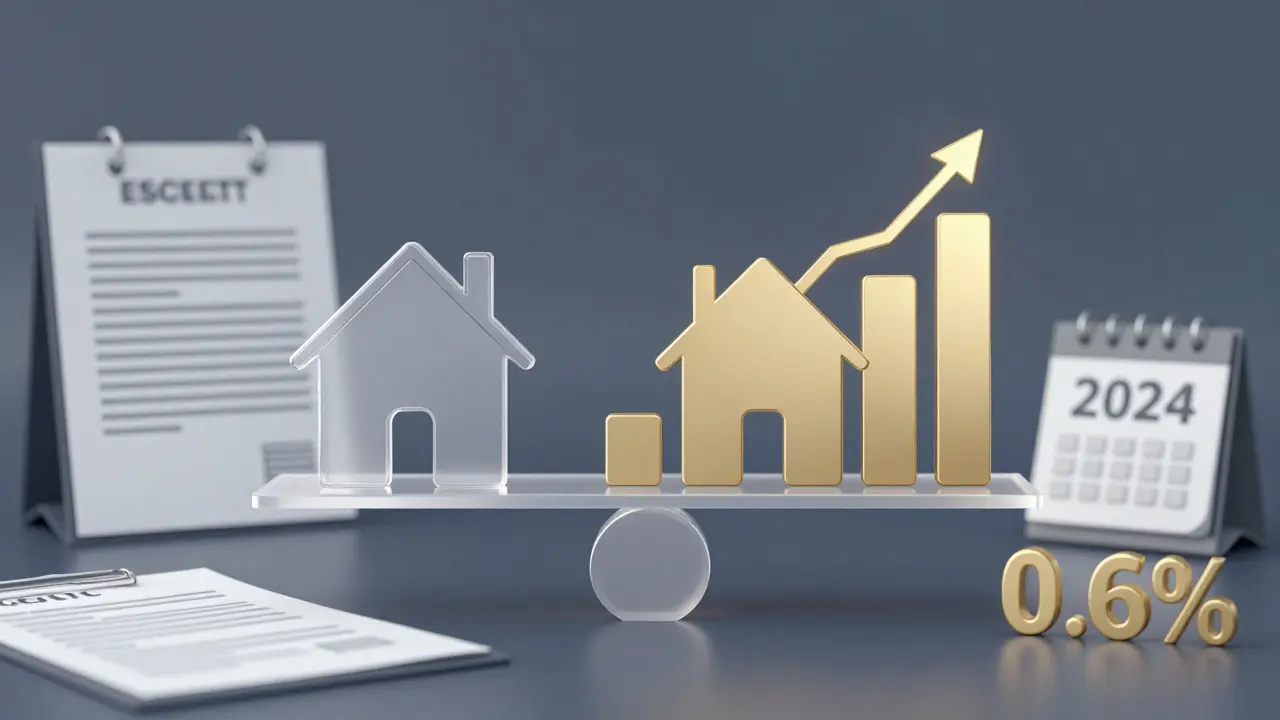 Eine Waage zeigt den steuerlichen Wert einer Immobilie mit abgezogenem Nießbrauch, dargestellt als Diagramm und Zinssatz von 0,6 %.