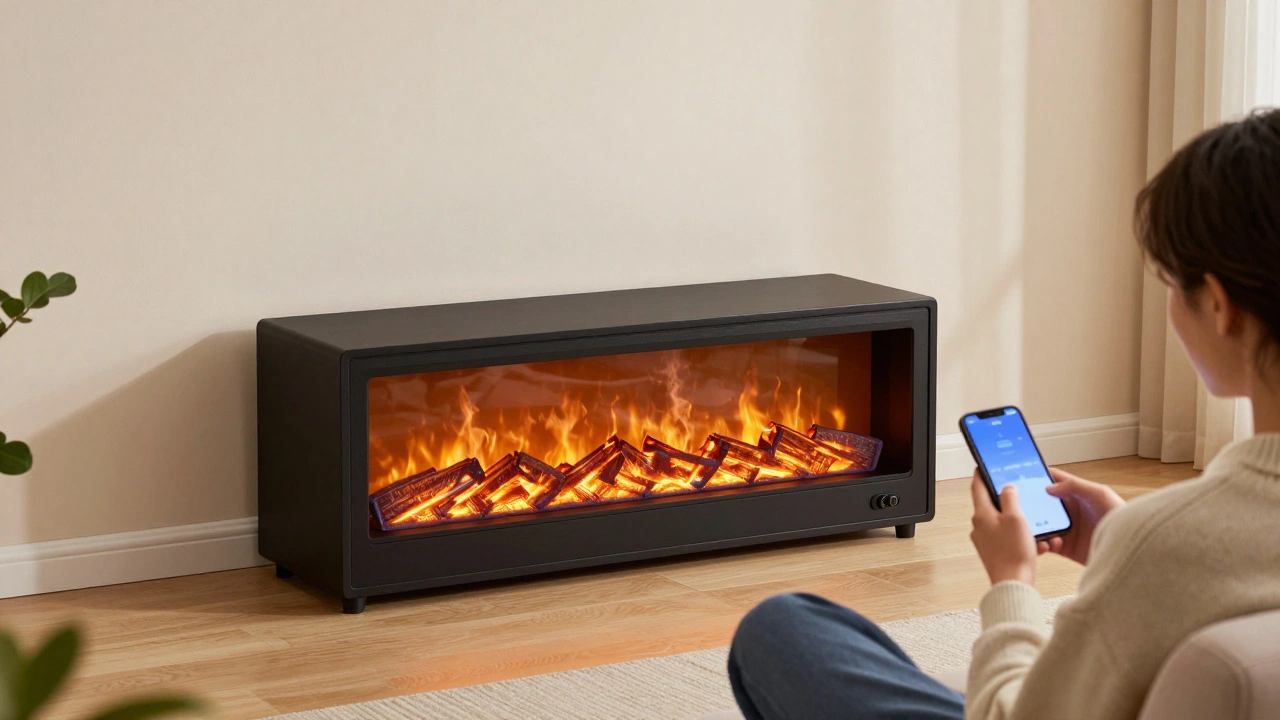 Elektrischer Kamin als Media-Console in einer Mietwohnung mit Smartphone-Steuerung.