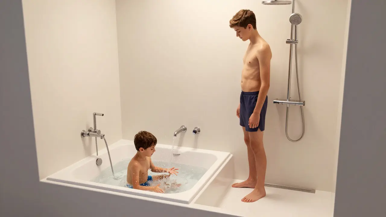 Familie nutzt eine Duschbadewanne: Kind badet, Teenager duscht, alles in einem kompakten Bereich.