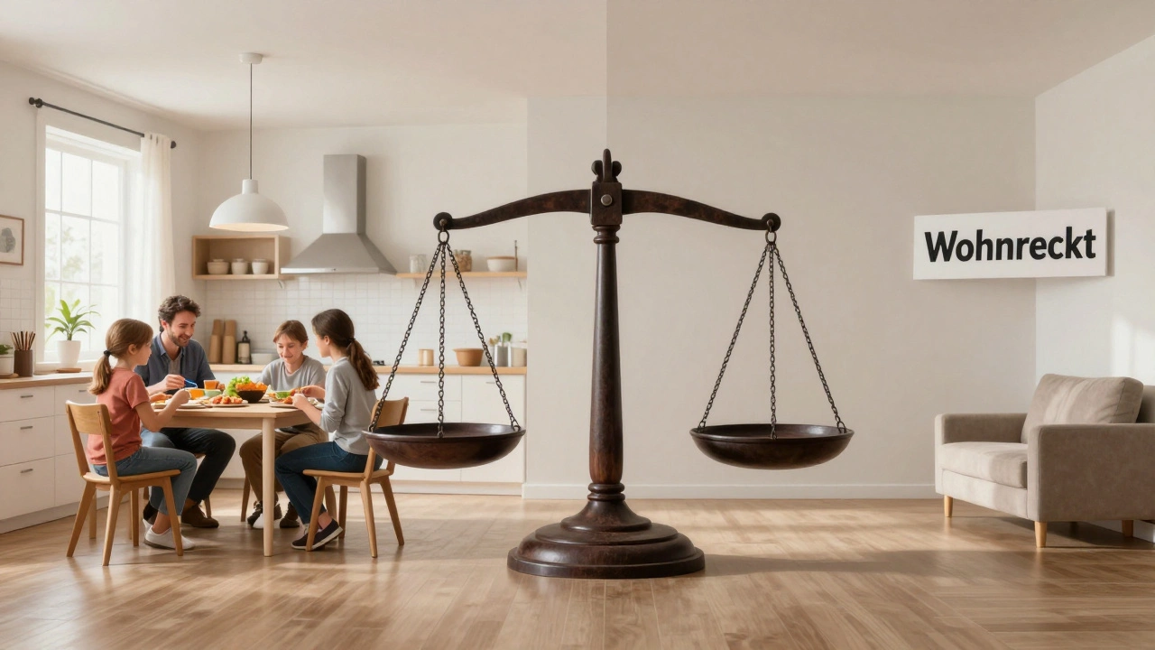 Haus in zwei Hälften geteilt: eine bewohnt, eine leer, mit rechtlichem Dokument als Trennlinie.