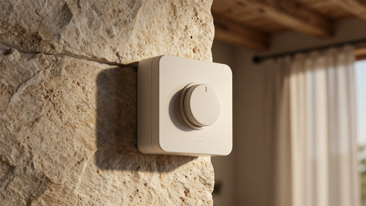 JUNG-Schalter scheint über einer Steinwand zu schweben, durch feine Schattenfuge betont.