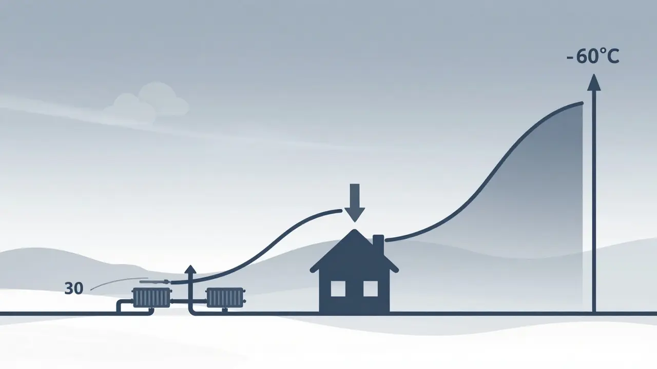Konzeptuelles Diagramm einer Heizkurve, das Außentemperatur mit Vorlauftemperatur und Energieeinsparung verbindet.