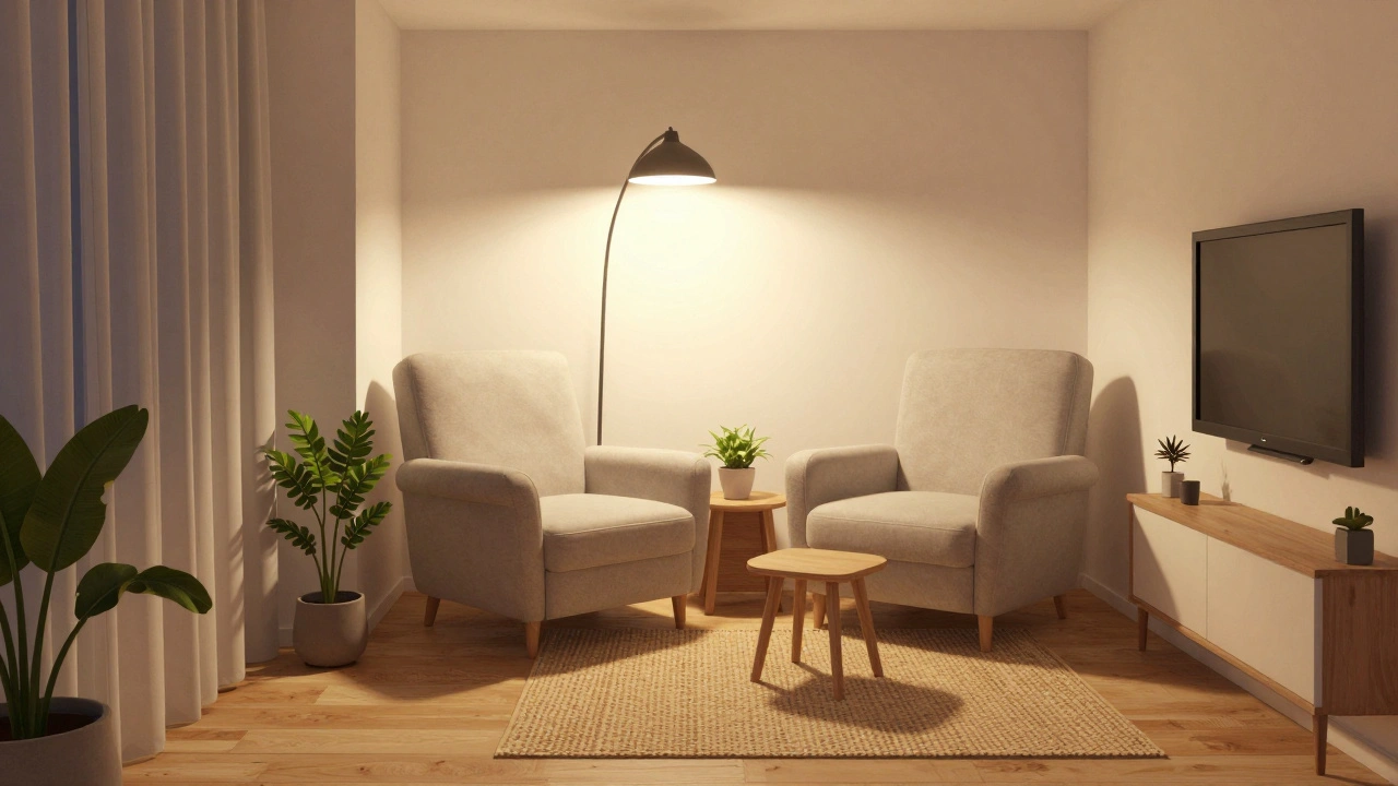 L-förmige Sitzgruppe in einem kleinen Wohnzimmer: Sessel in der Ecke, Hocker als Fußstütze und Tisch.