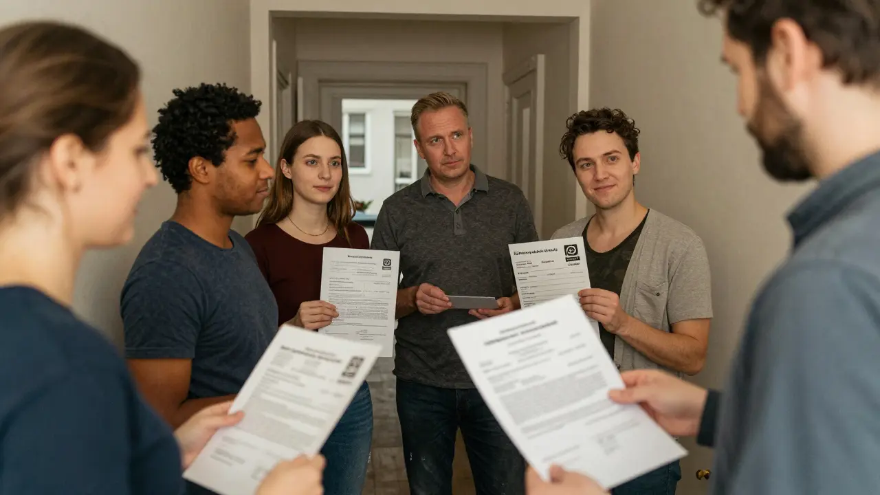 Mieter im Flur erhalten eine Meldebestätigung vom Vermieter, während verschiedene Dokumente in den Händen gehalten werden.