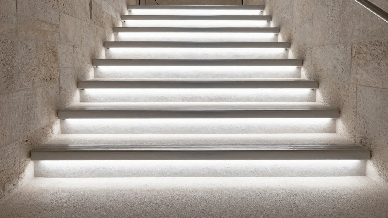 Modernisierte Kellertreppe mit LED-Leisten und rutschfesten Trittkanten in sanftem Licht.