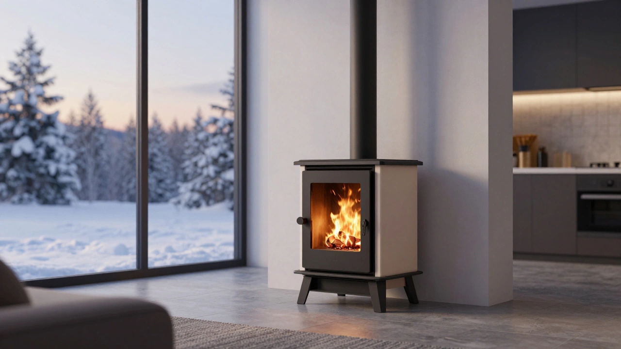 Pelletkamin in offener Wohnküche mit externem Abgasrohr und natürlicher Abendbeleuchtung.