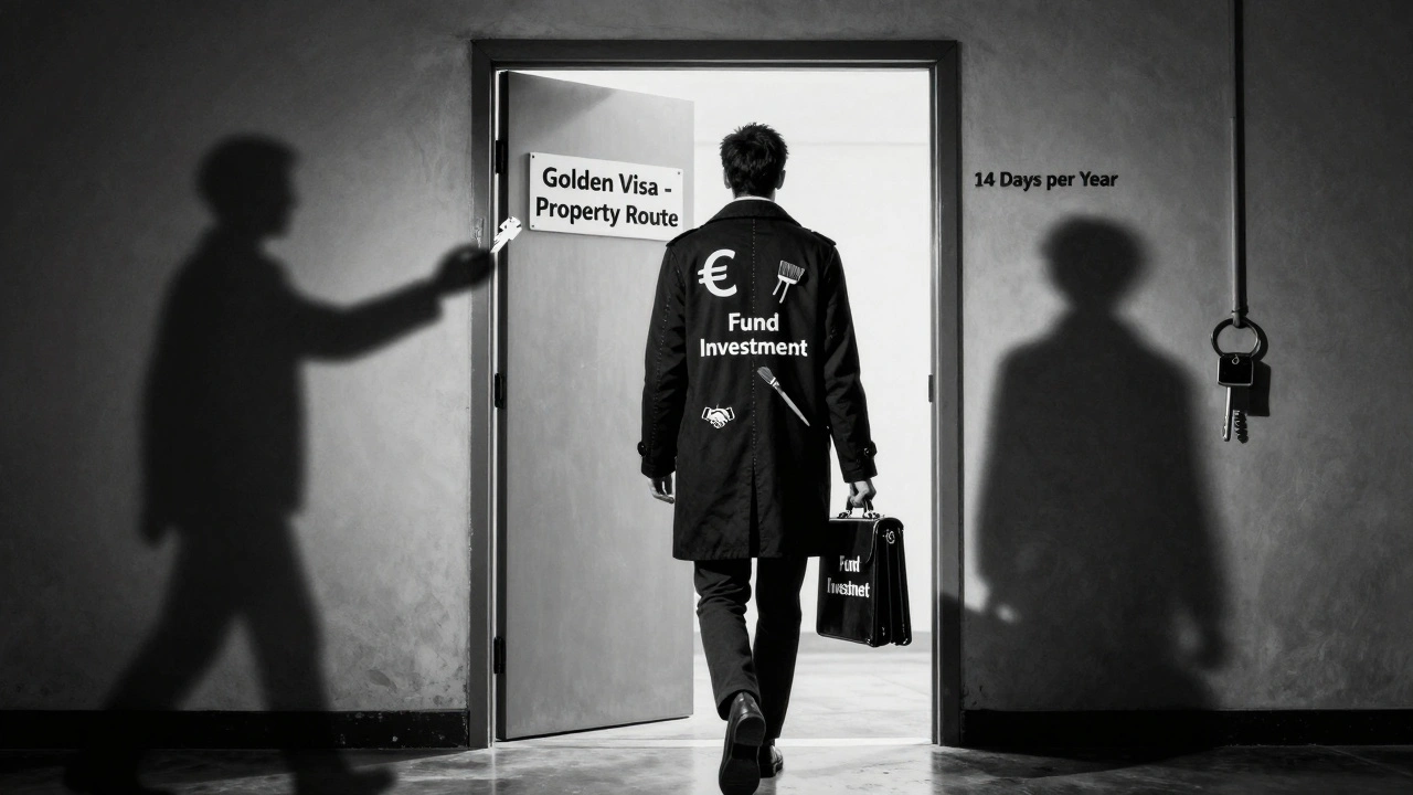 Person verlässt eine geschlossene Tür mit &#039;Immobilien-Route&#039;, hält Briefkasten mit &#039;Fonds-Investition&#039;.