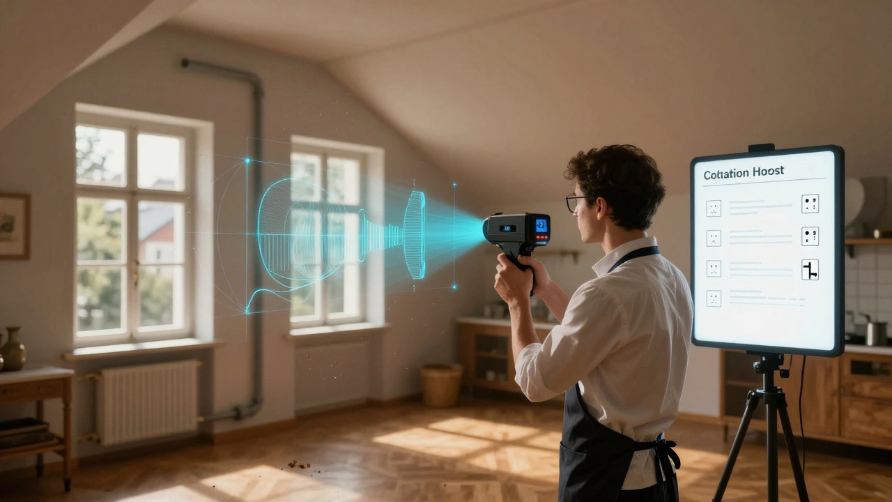 Professioneller Messtechniker scannt eine Küche mit Lasergerät, digitale Messpunkte schweben über Wand und Decke.