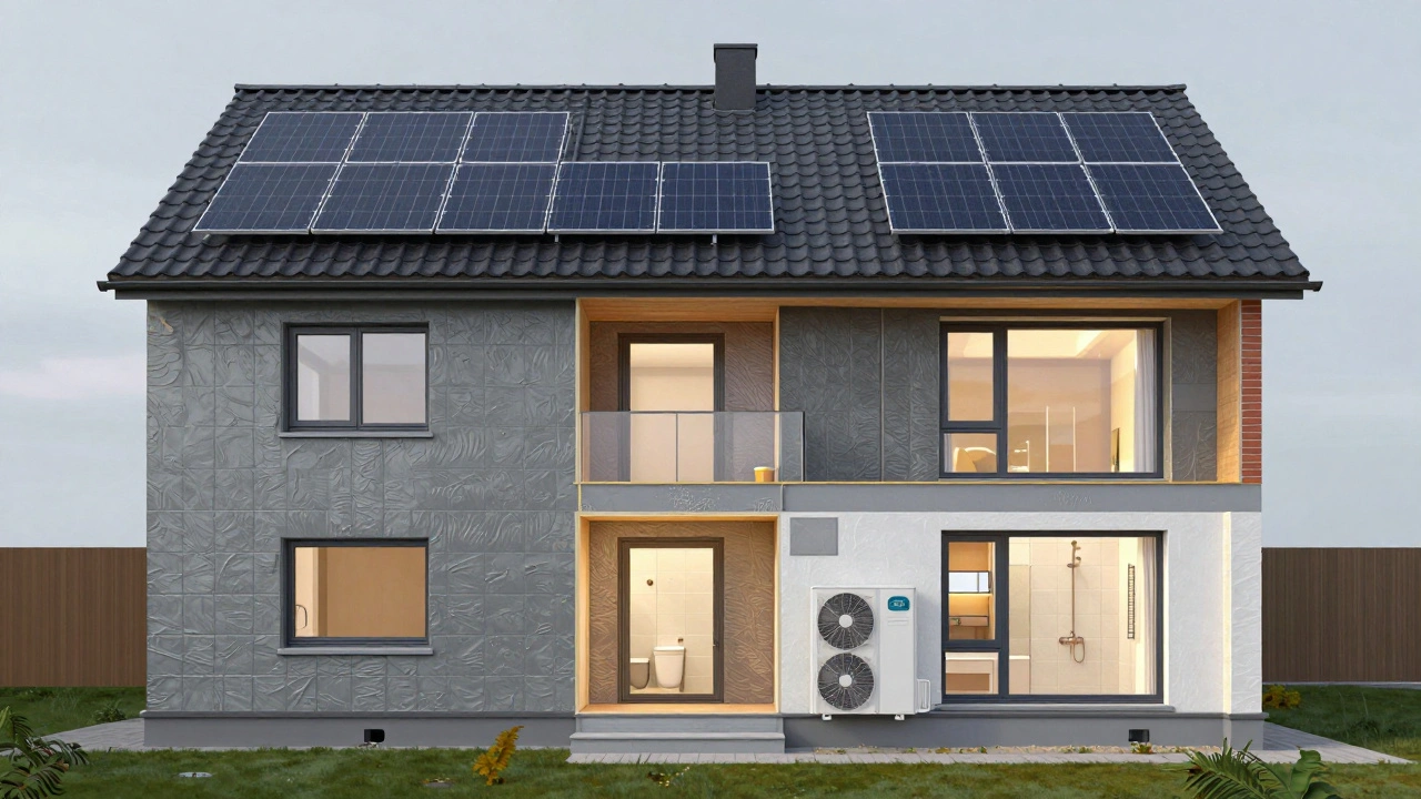 Querschnitt eines energieeffizient renovierten Hauses mit Dämmung, Fenstern, Bad und Wärmepumpe.