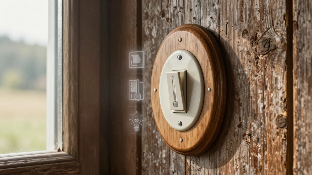 Runder Berker-Schalter mit Marmoroptik an holzvertäfelter Wand, subtile Smart-Home-Symbole umgeben ihn.