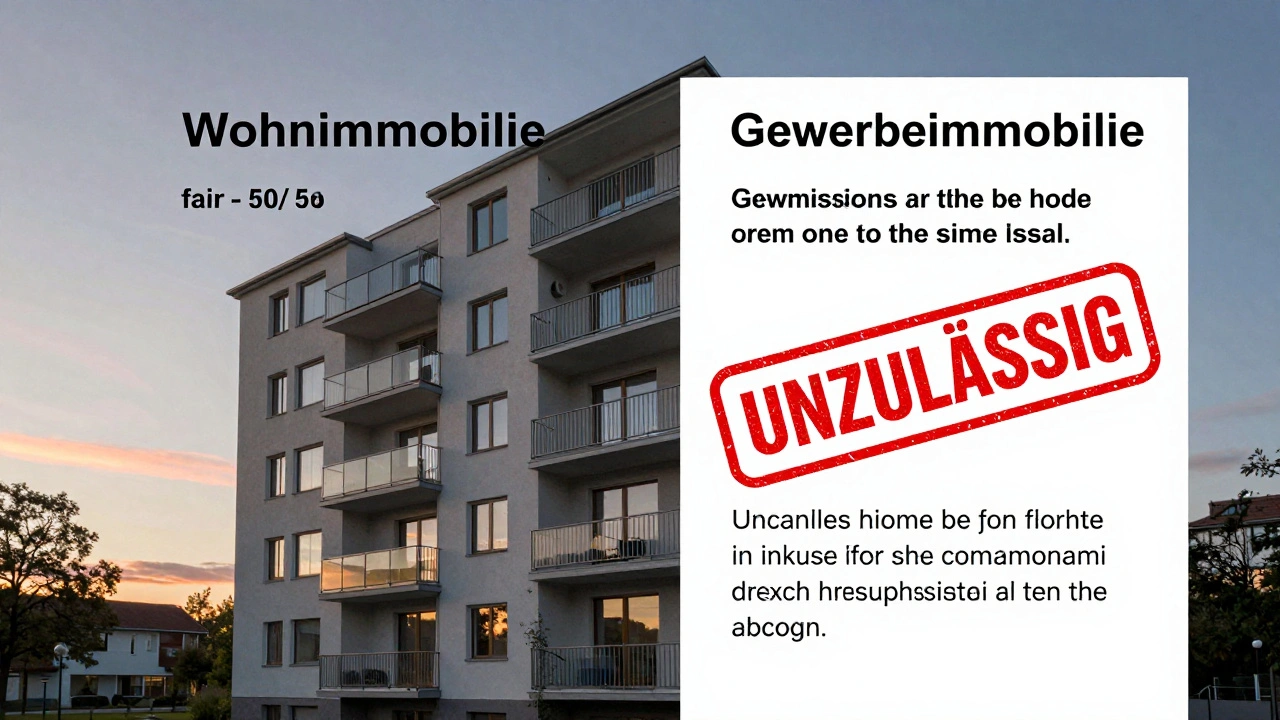 Split building illustrating legal distinction between residential and commercial property commission rules.