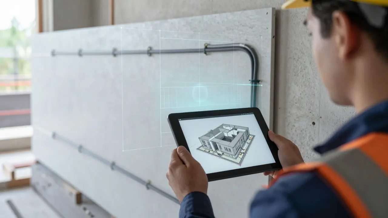 Techniker mit Tablet, das eine digitale 3D-Kabelplanung für Trockenbau zeigt, vor montierter vorgefertigter Wand.