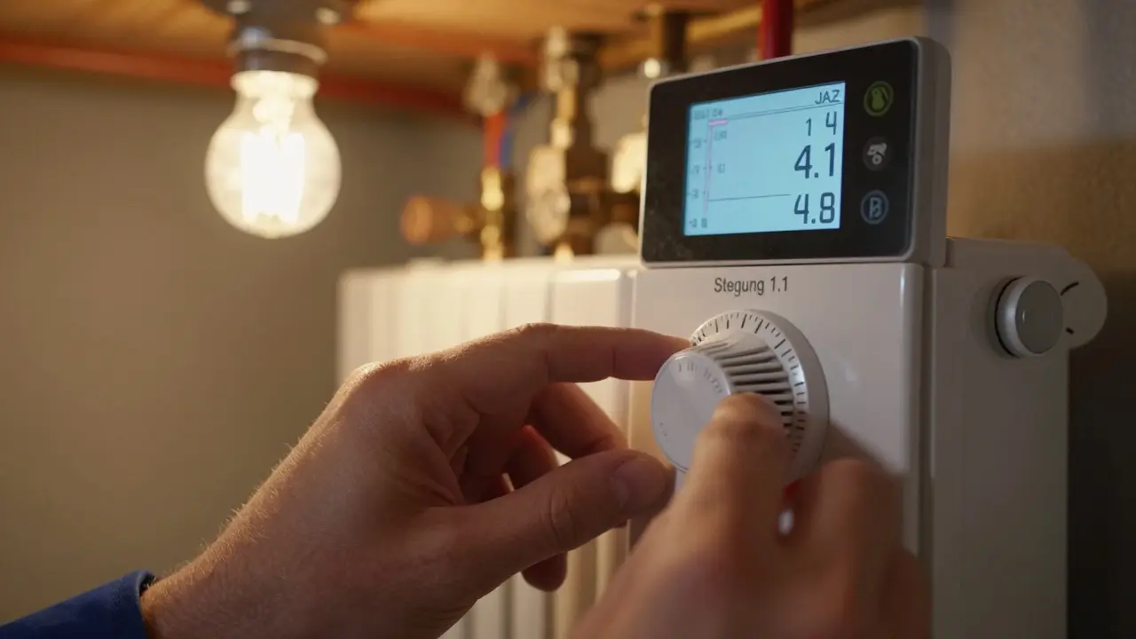 Techniker stellt die Neigung der Heizkurve an einem Regler ein, während die Jahresarbeitszahl auf dem Display steigt.
