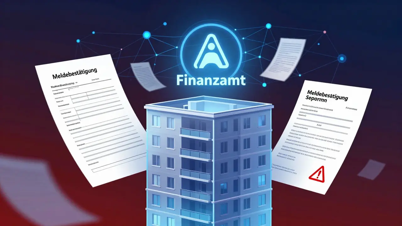 Transparenzdarstellung eines Wohngebäudes mit schwebenden rechtlichen Dokumenten und digitalen Datenströmen zum Finanzamt.